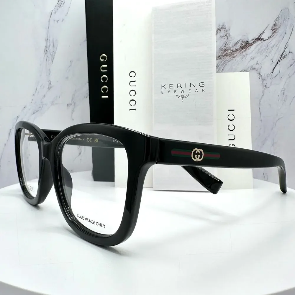 New GUCCI Eyeglasses 53-19-140 Black Square GG Logo Red Green Web Women Rx-able